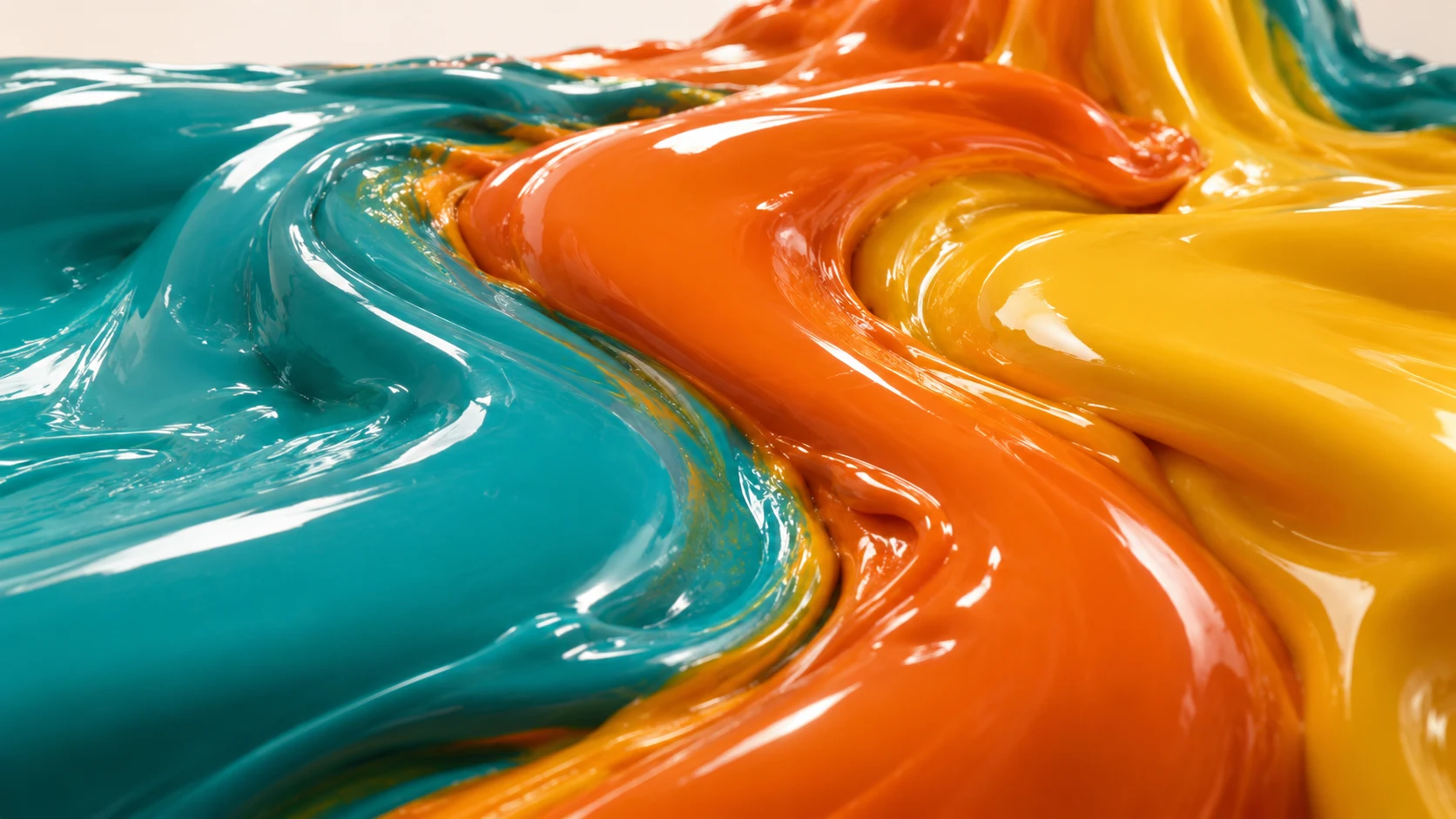 Rich turquoise, orange and yellow paint folding into a marbled river